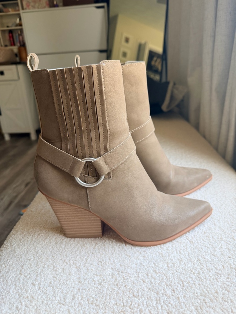 Taupe Ring-Strap Block Heel Ankle Boots